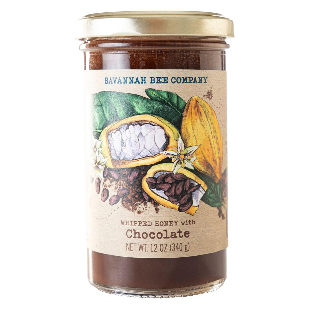 Savannah Bee Company whipped honey chocolate jar closeup, showing rich flavor and spreadable texture.