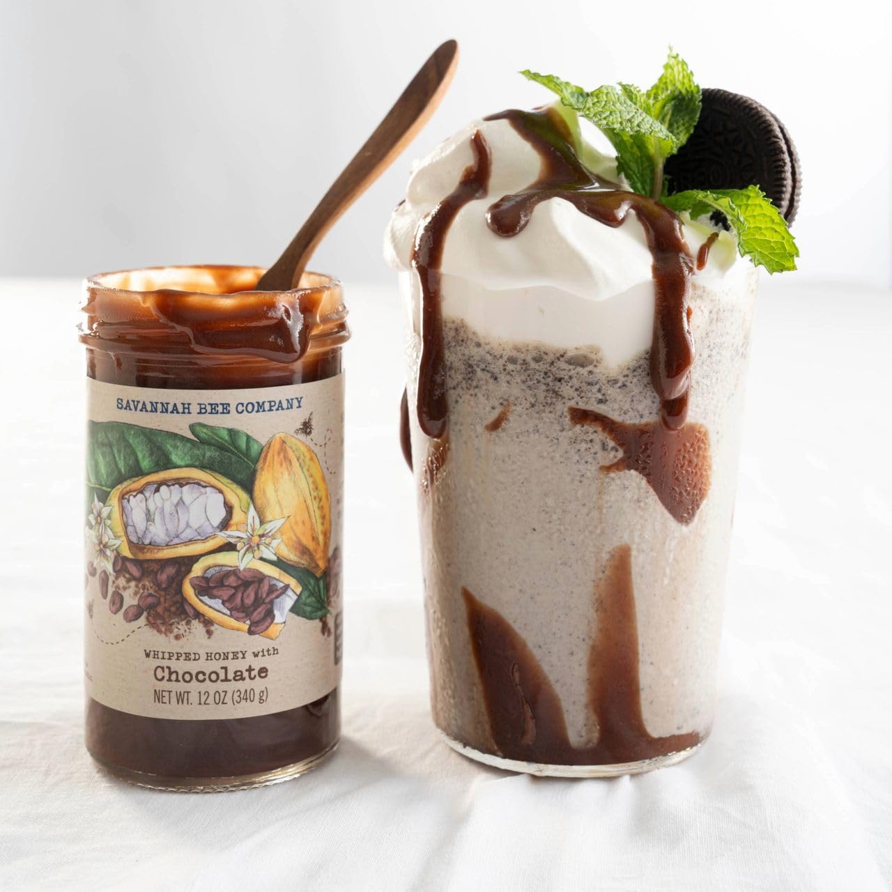 Savannah Bee whipped honey chocolate jar drizzle, perfect for dessert toppings.