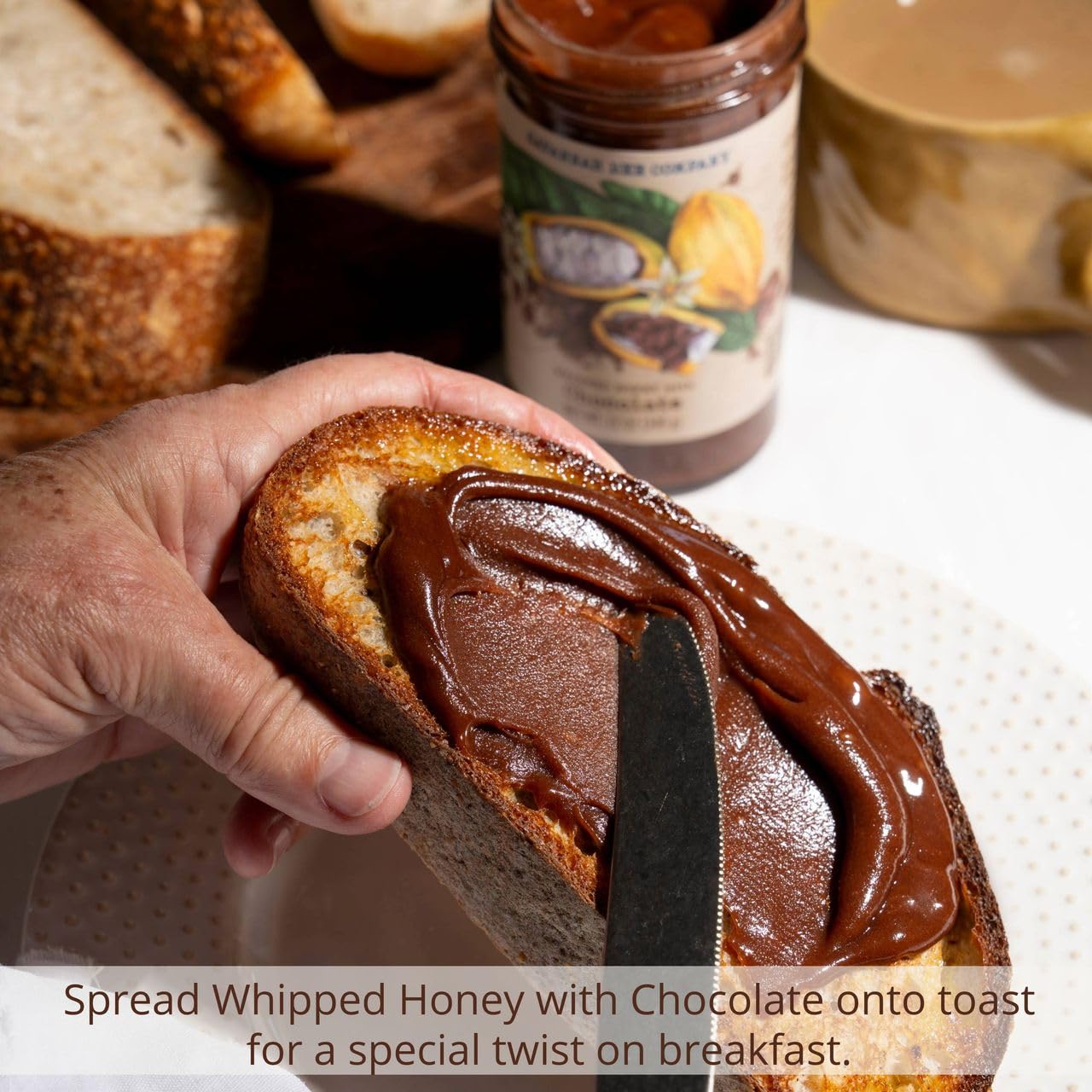 Savannah Bee whipped honey chocolate on toast, ideal for breakfast treats.