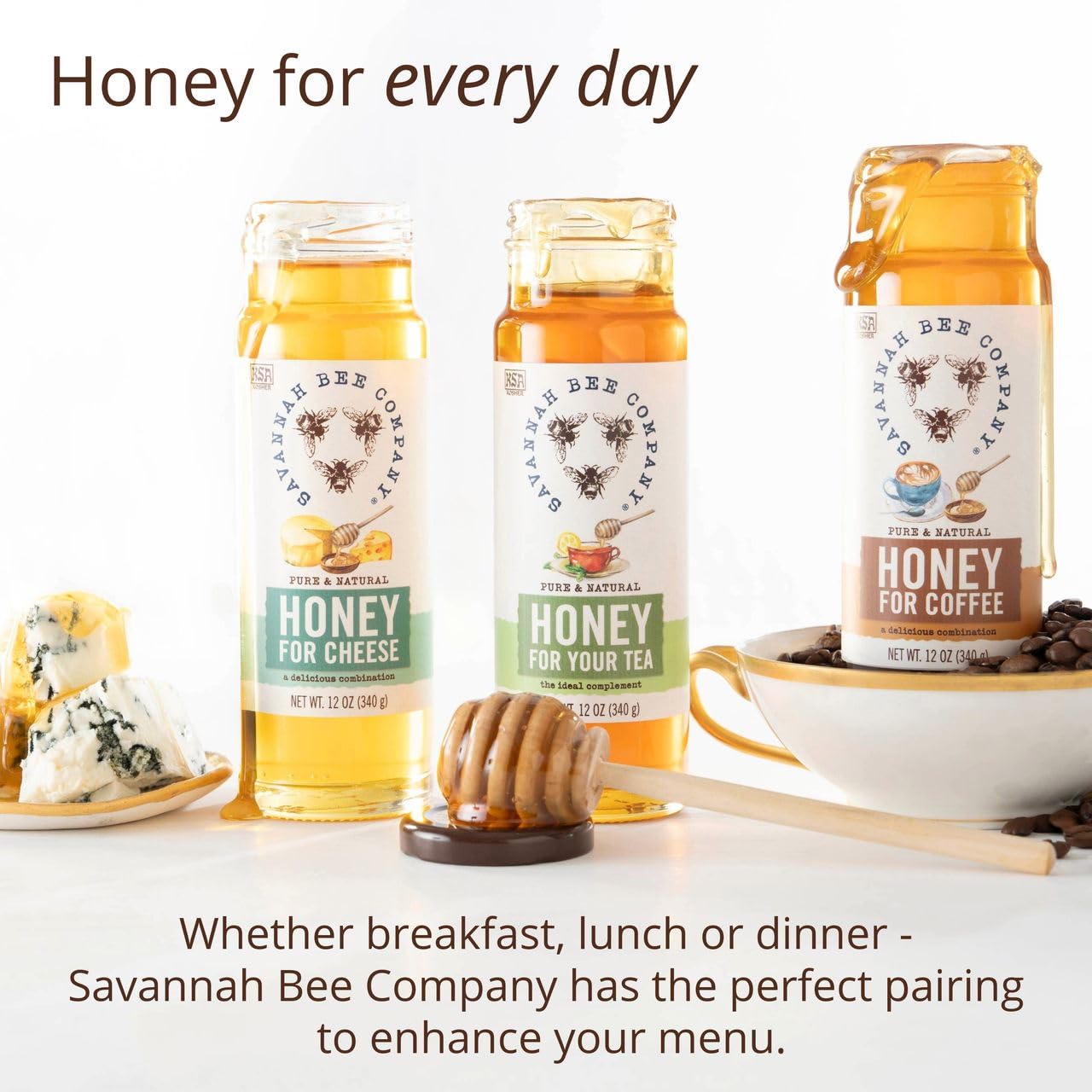 Savannah Bee honey as dessert topping, glossy finish adds depth.