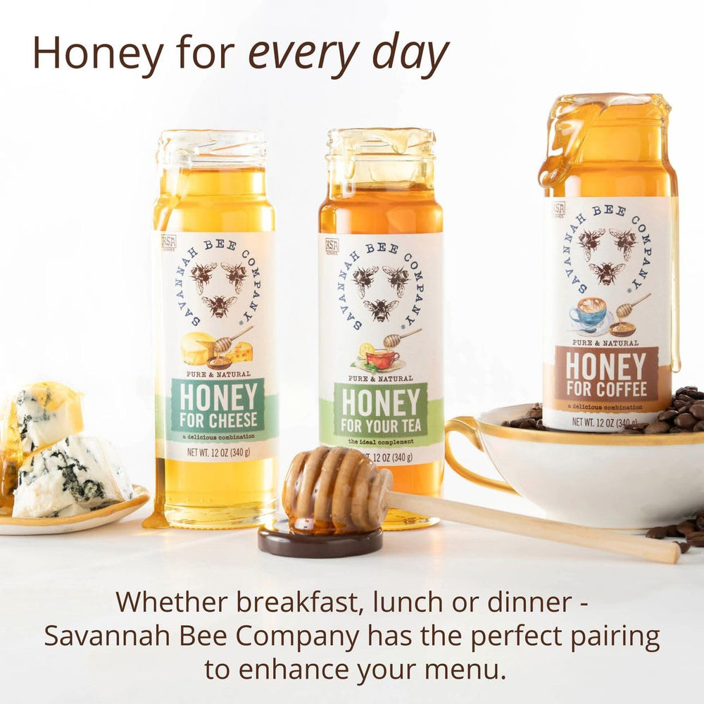 Savannah Bee honey as dessert topping, glossy finish adds depth.
