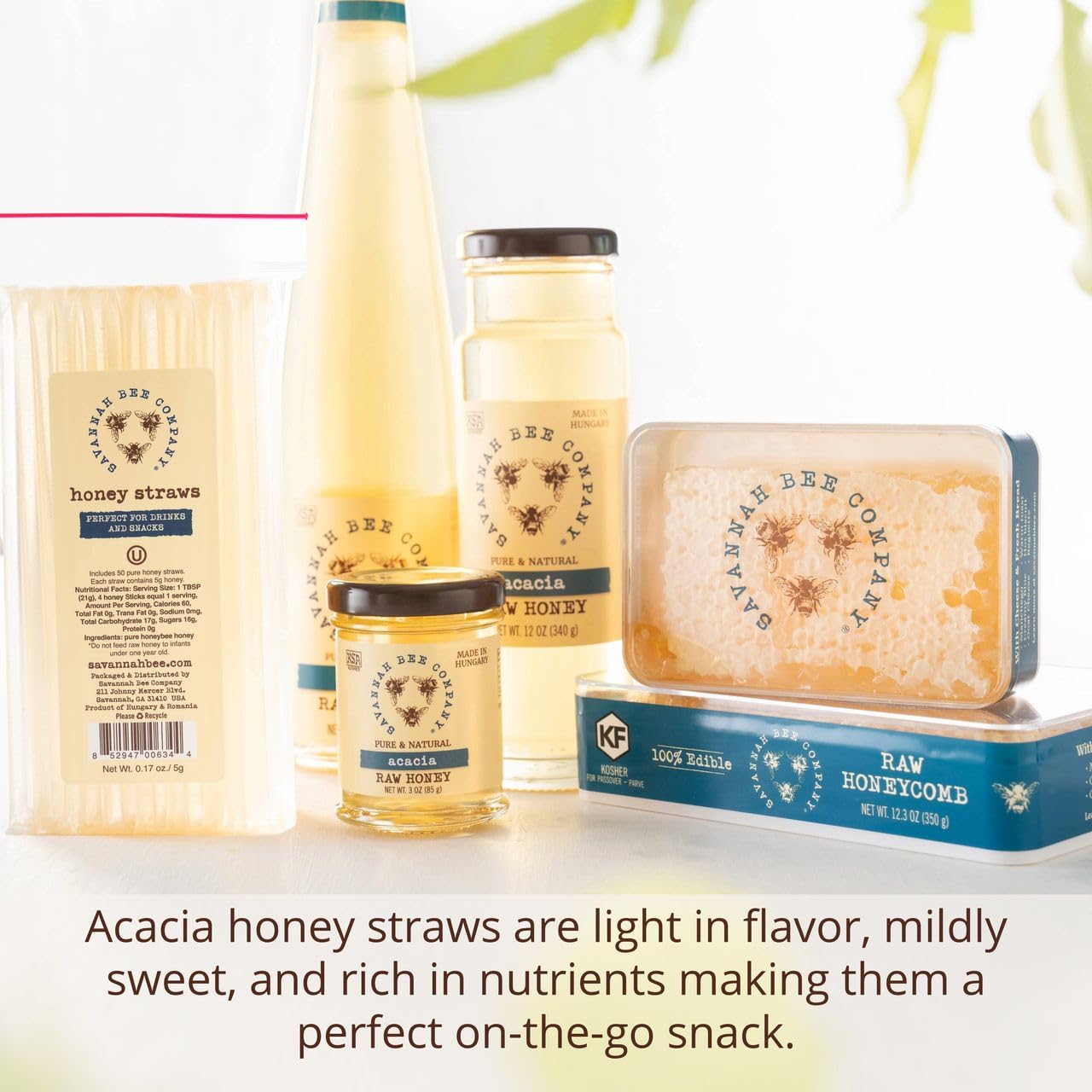 Savannah Bee honey straw resealable pouch, gluten-free packaging.