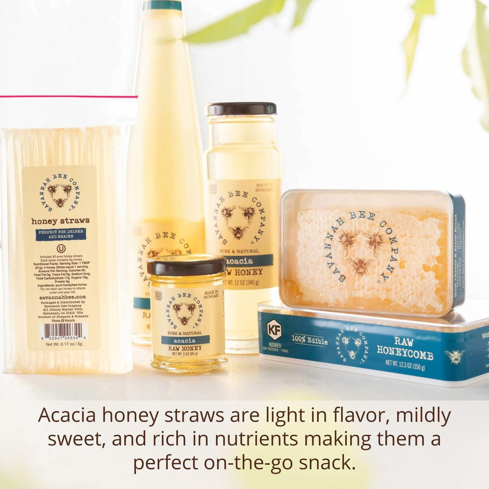 Savannah Bee honey straw resealable pouch, gluten-free packaging.