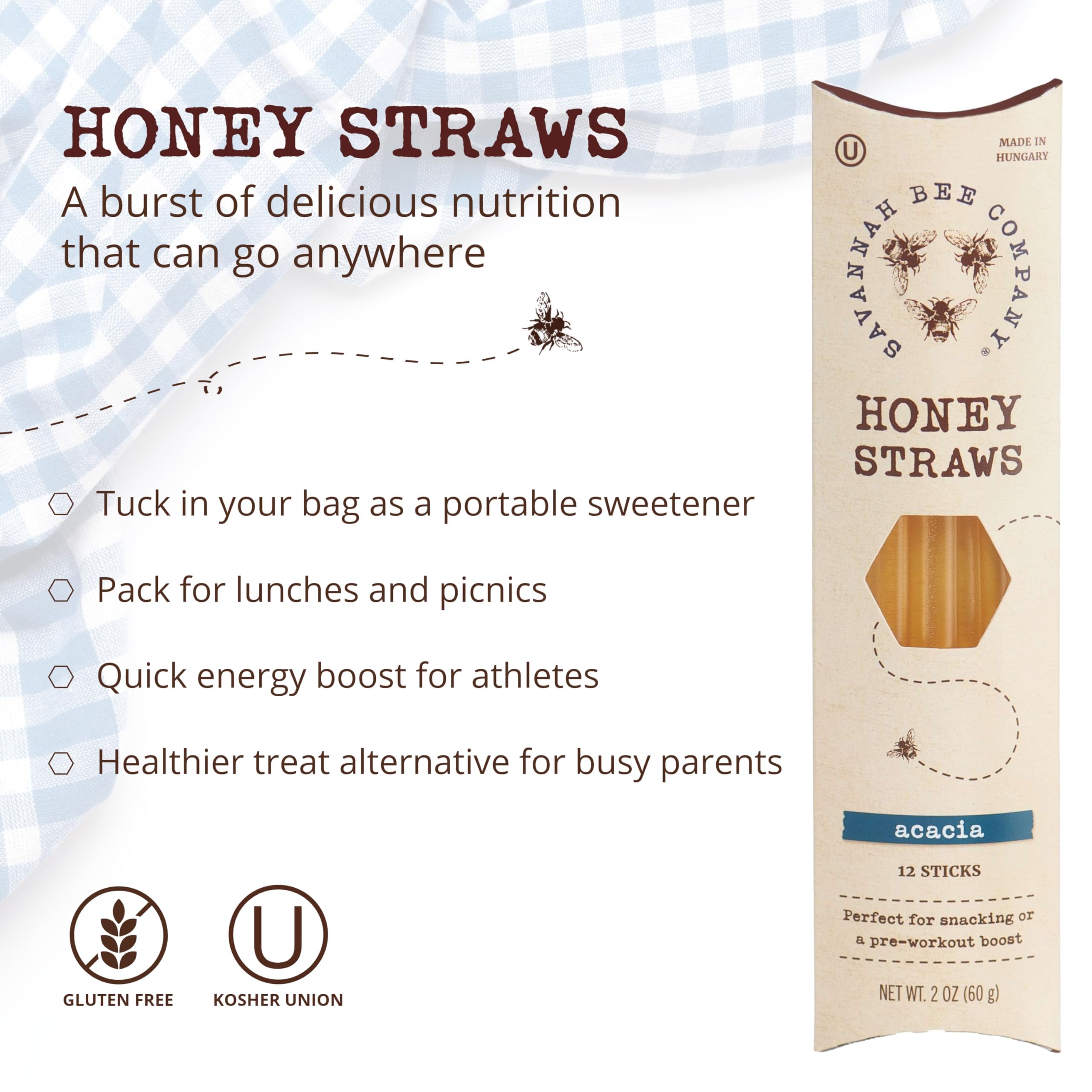 Savannah Bee honey straw travel pack offers mess-free, portable sweetness.