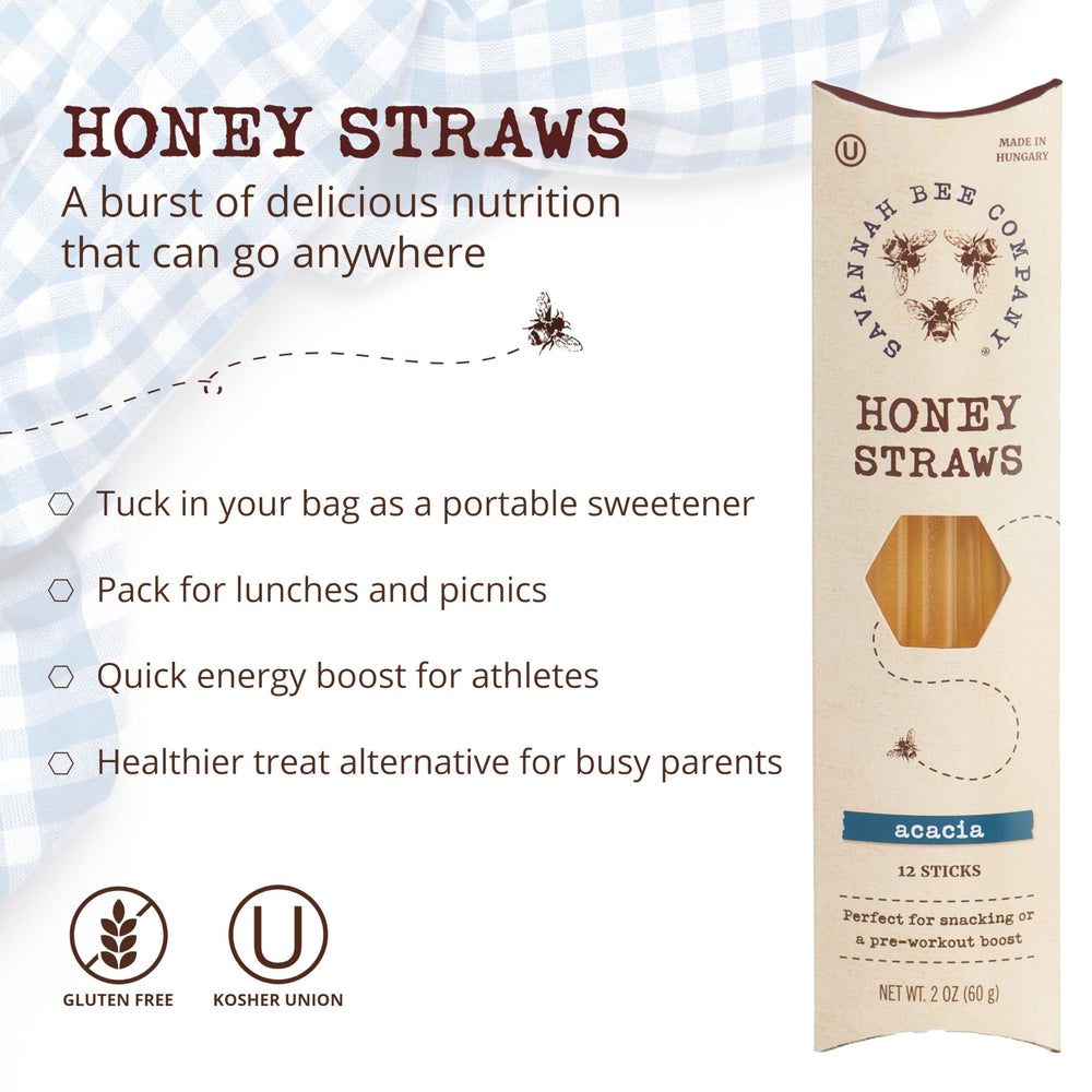 Savannah Bee honey straw travel pack offers mess-free, portable sweetness.