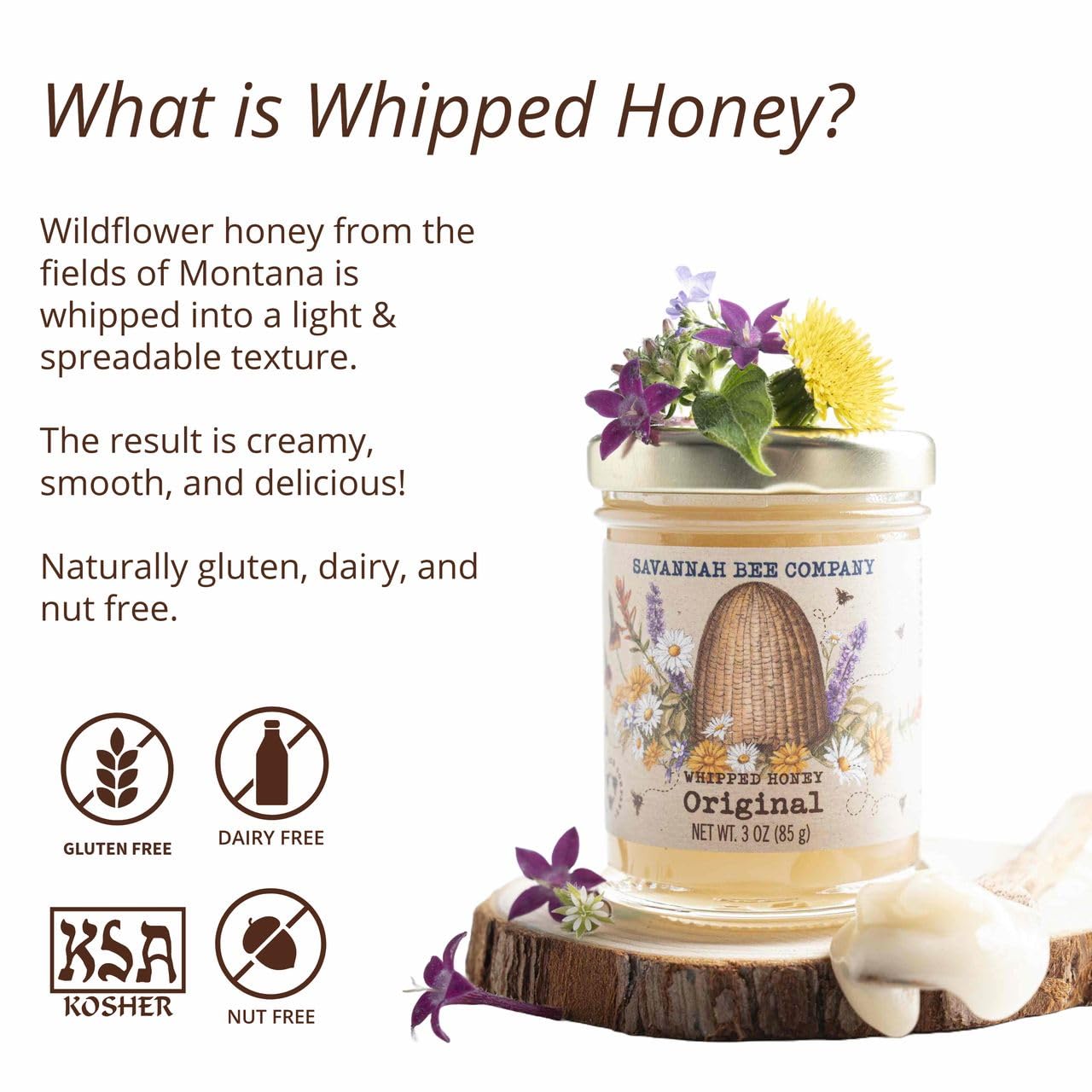 Original flavor whipped honey jar open on rustic surface