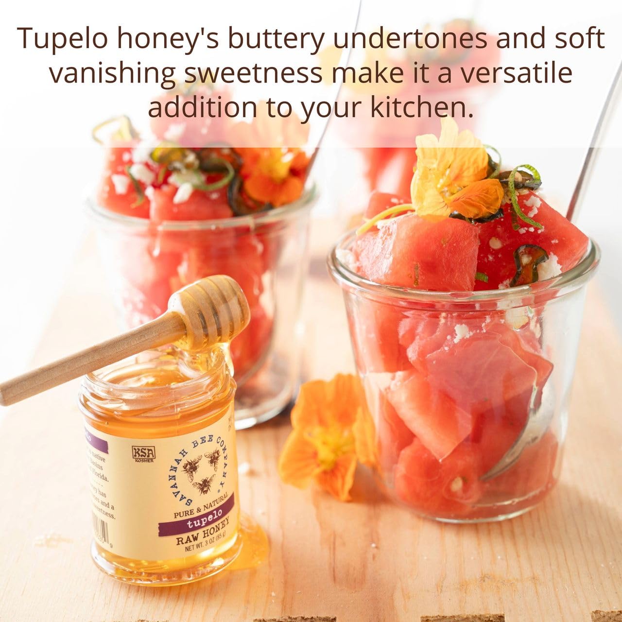 Savannah Bee Tupelo Honey dessert glaze reveals delicate floral notes on desserts.