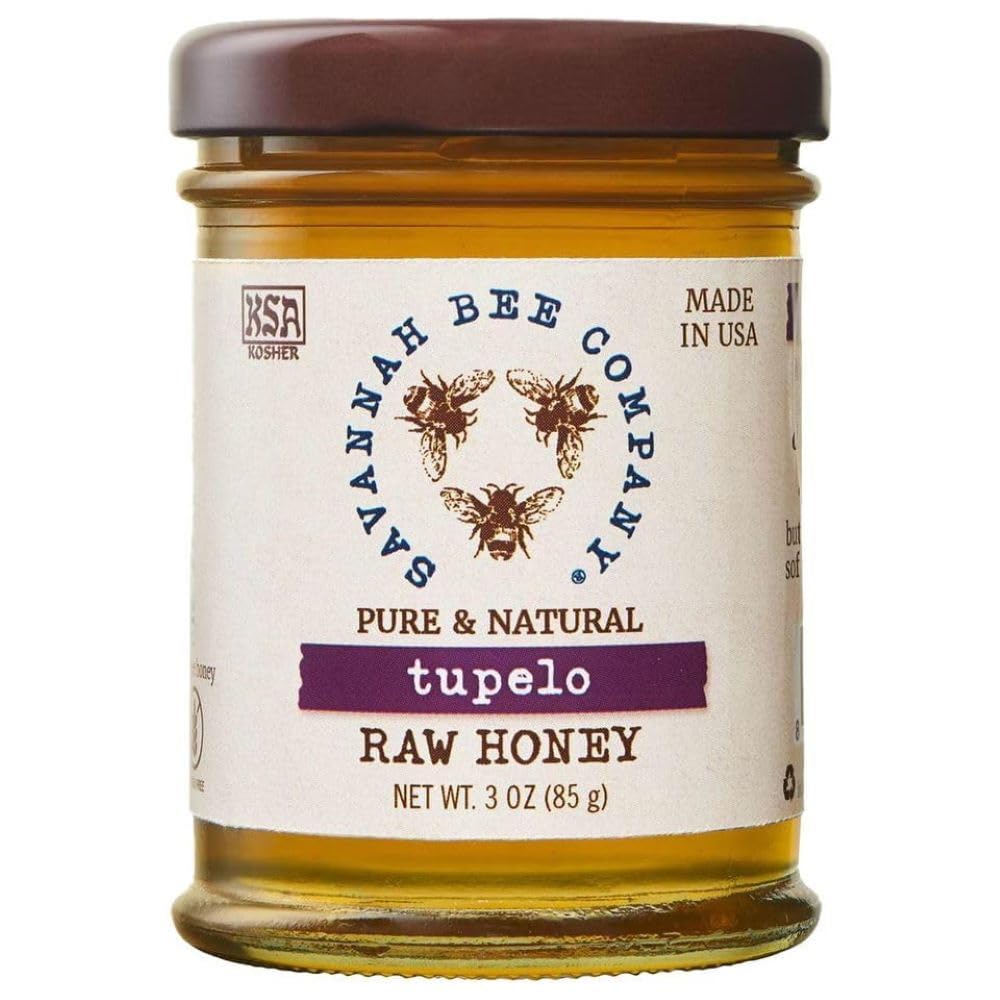 Savannah Bee Tupelo Honey jar shows pure monofloral taste for tea and toast.