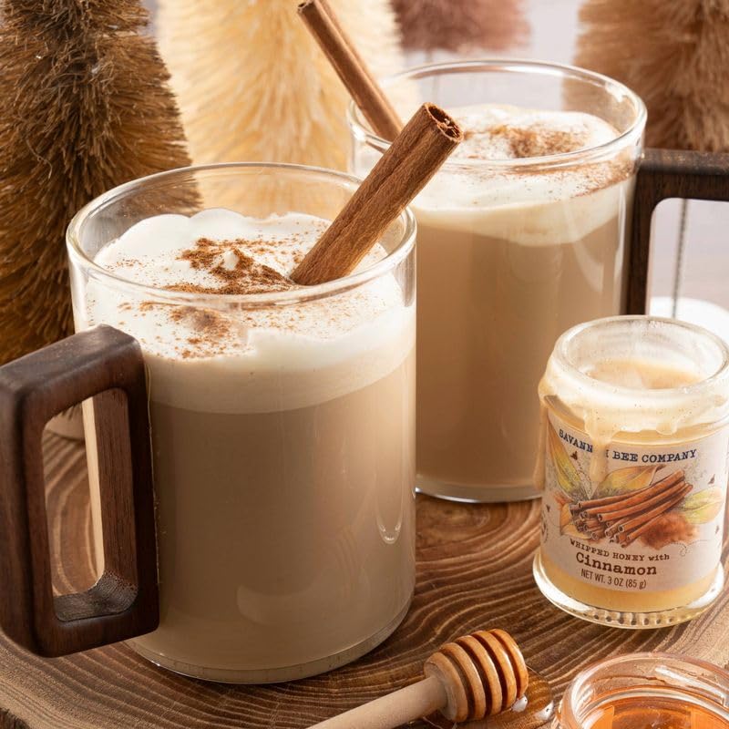 Savannah Bee whipped honey cinnamon packaging shown, compact 3 oz jar