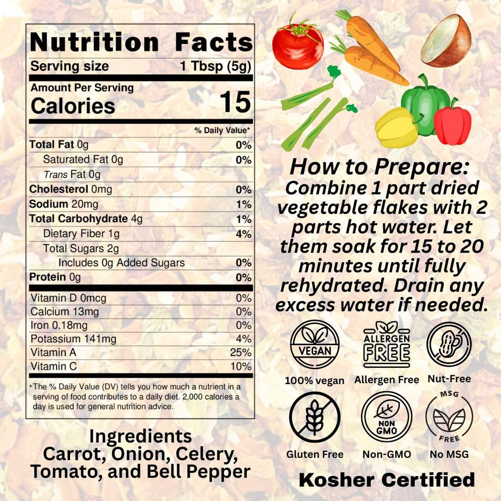 SavorSatch Dehydrated Vegetable Flakes bulk pack for easy pantry stocking.