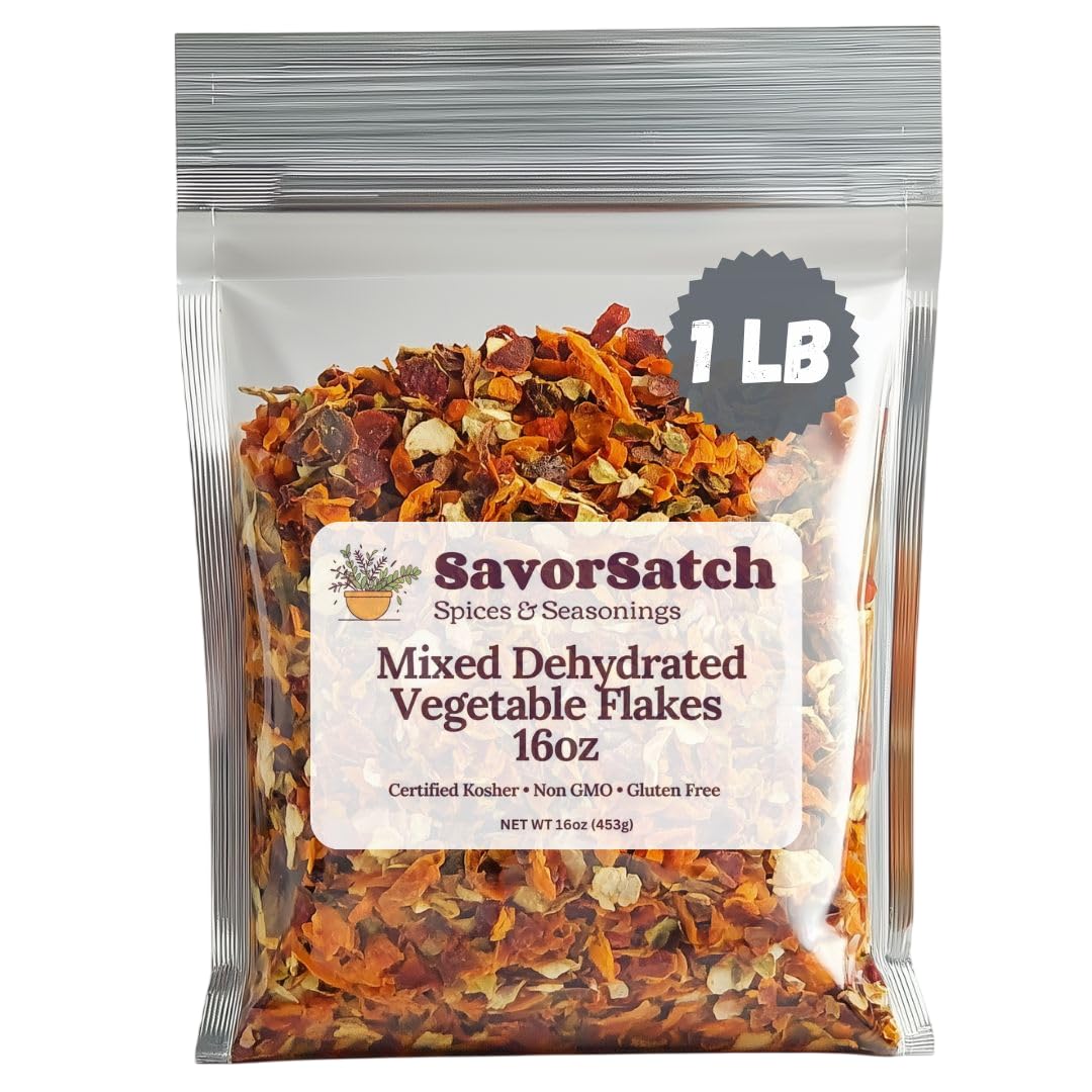 SavorSatch Dehydrated Mixed Vegetable Flakes pouch showing resealable packaging for freshness and long shelf life.