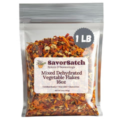 SavorSatch Dehydrated Mixed Vegetable Flakes pouch showing resealable packaging for freshness and long shelf life.