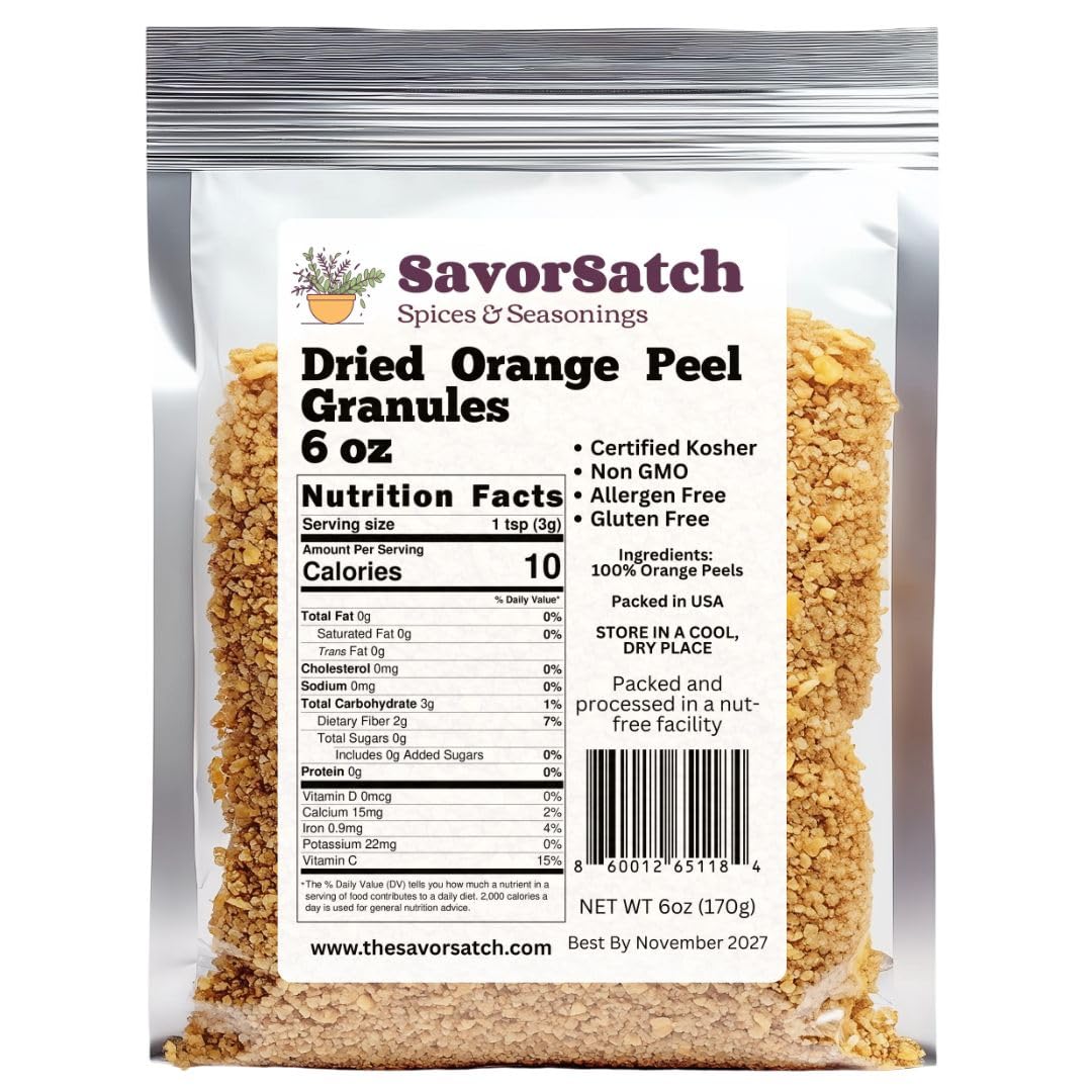 SavorSatch dried orange peel granules in jar close for baking and savory dishes.