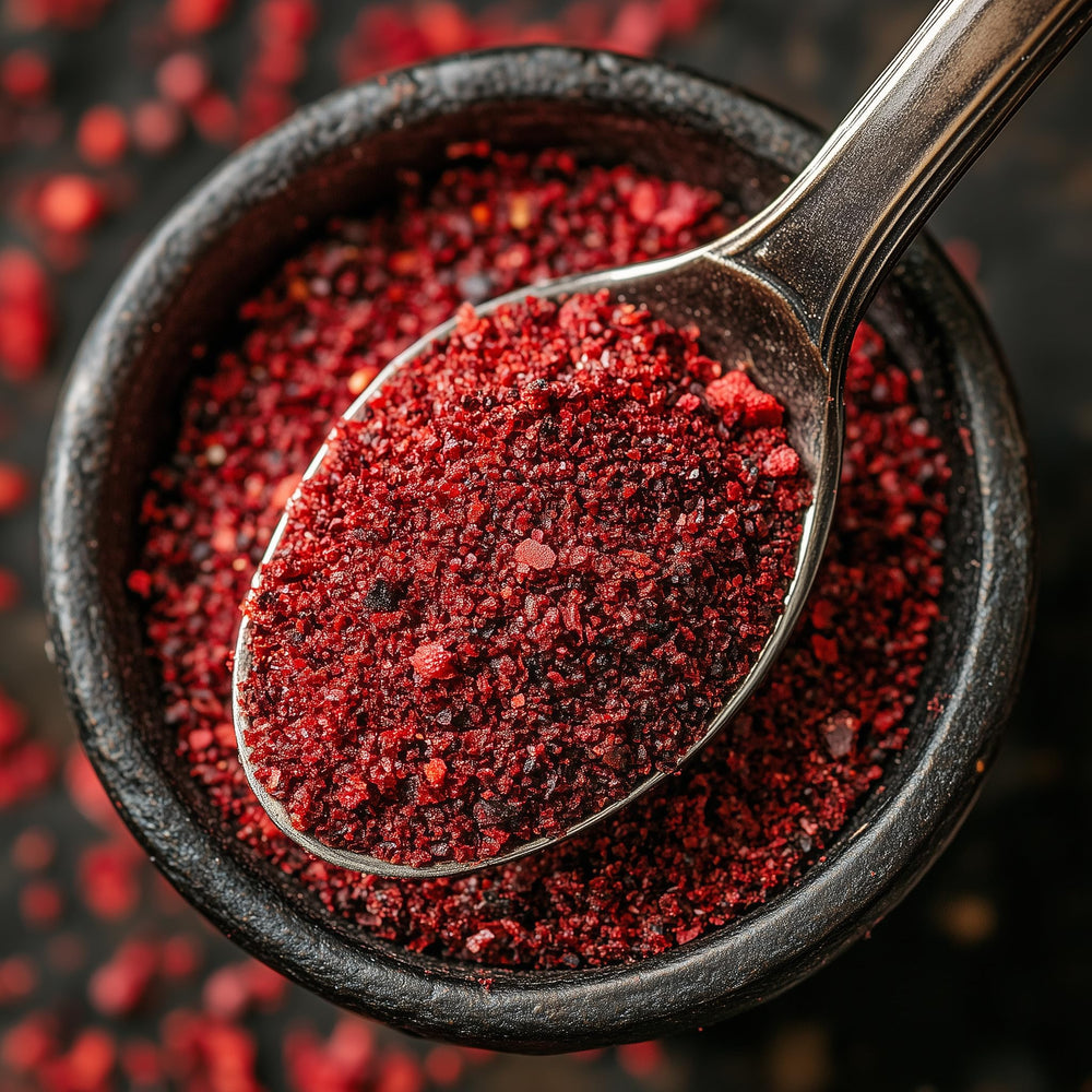 SavorSatch Ground Sumac of Turkish origin adds authentic flavor to dishes.