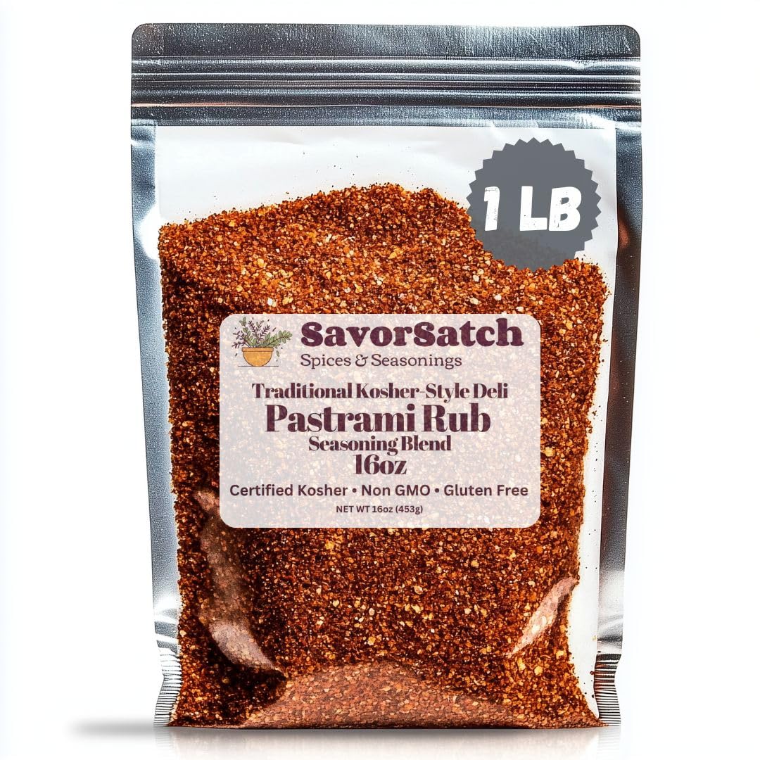 SavorSatch Pastrami Rub spice pouch on kitchen counter, ideal for bulk use.