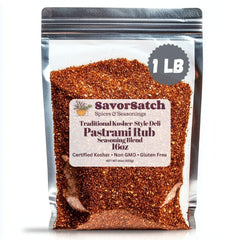 SavorSatch Pastrami Rub spice pouch on kitchen counter, ideal for bulk use.
