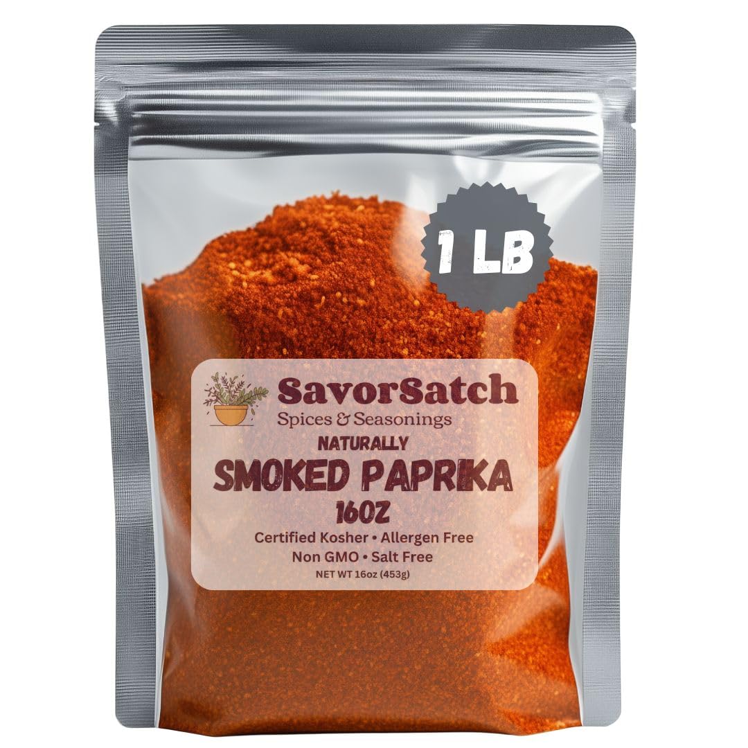 SavorSatch jar front of smoked paprika showing rich color for grilling