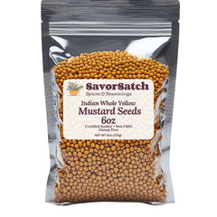 SavorSatch Yellow Mustard Seeds in a stand-up pouch ready for fresh Indian cooking.