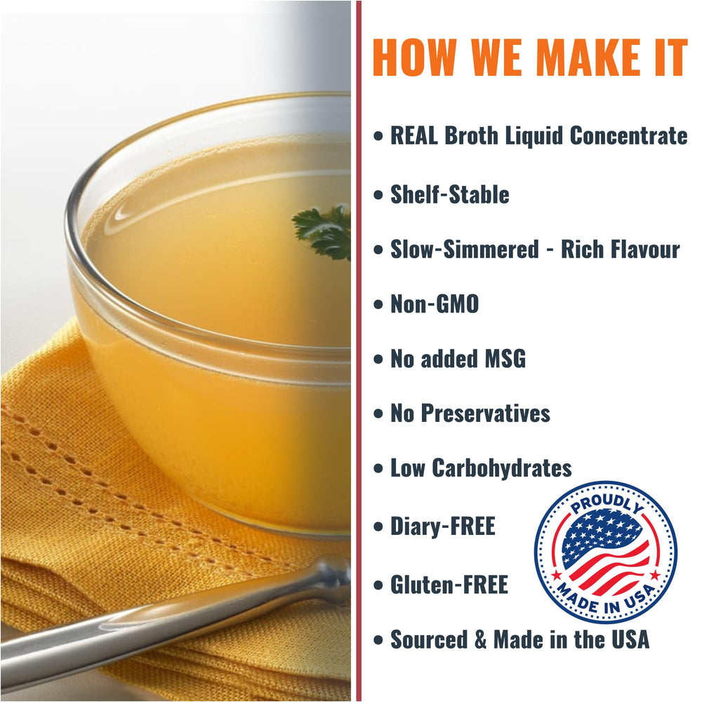 Cup with SAVORY CHOICE broth concentrate, steaming hot soup base ready to enjoy.