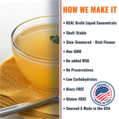 Cup with SAVORY CHOICE broth concentrate, steaming hot soup base ready to enjoy.