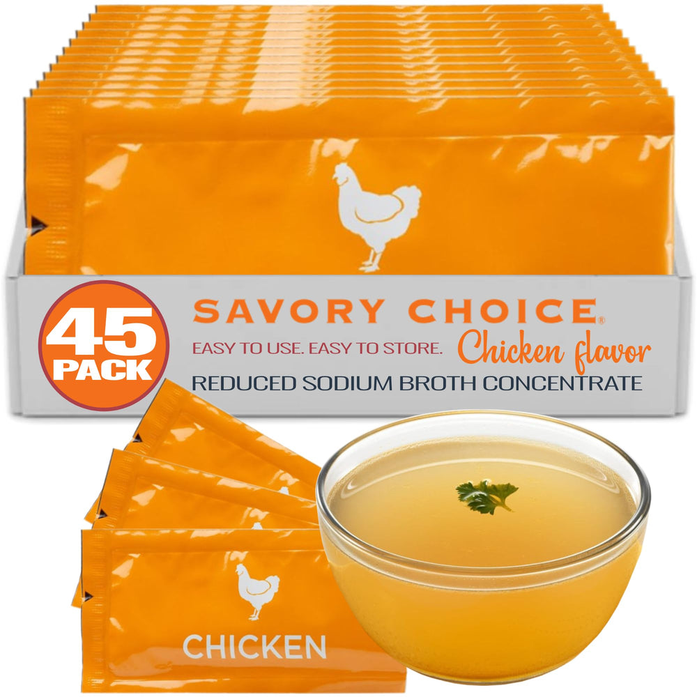 Savory Choice reduced-sodium chicken broth packet ready to boost soups instantly