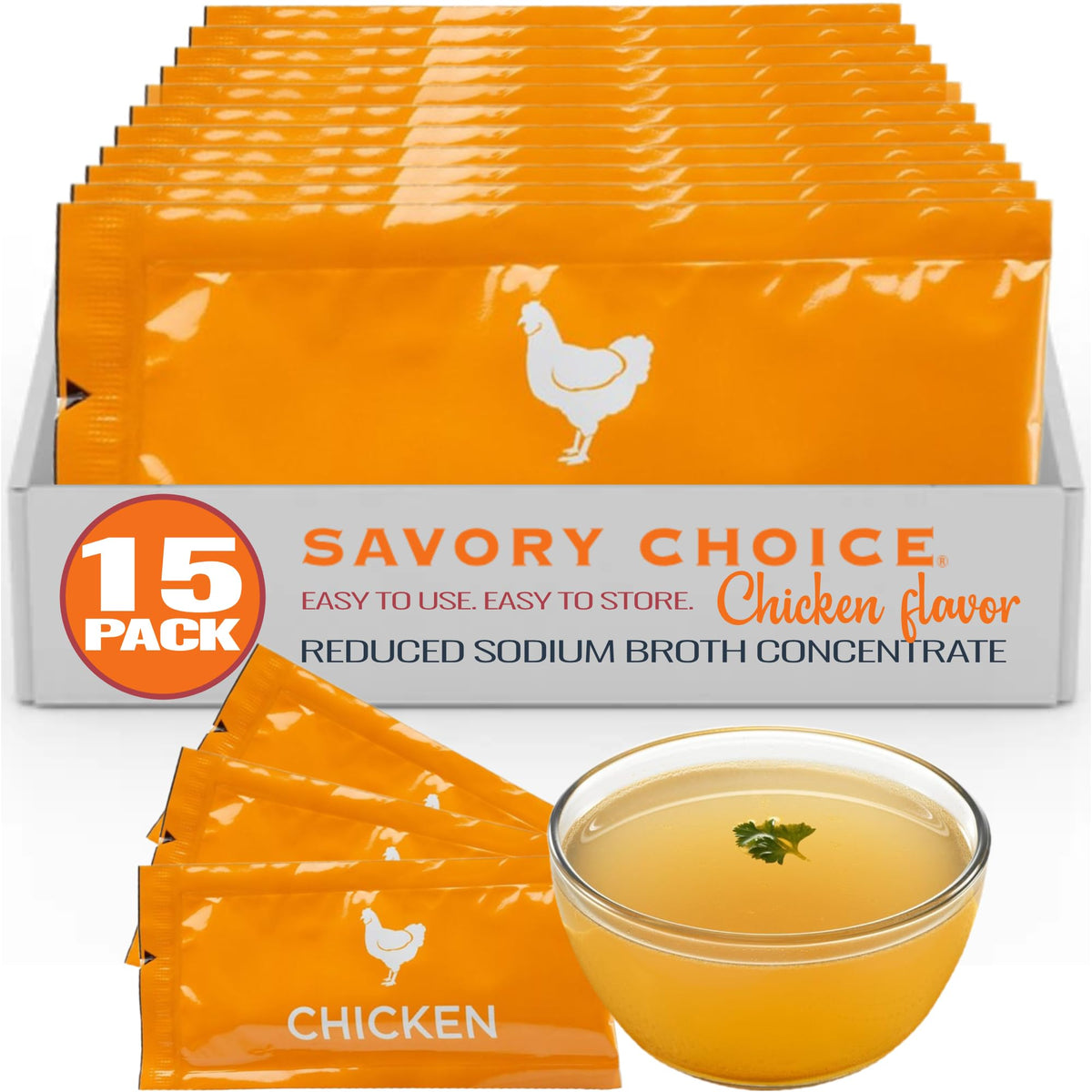 Savory Choice reduced-sodium chicken broth packets for quick, flavorful meals.