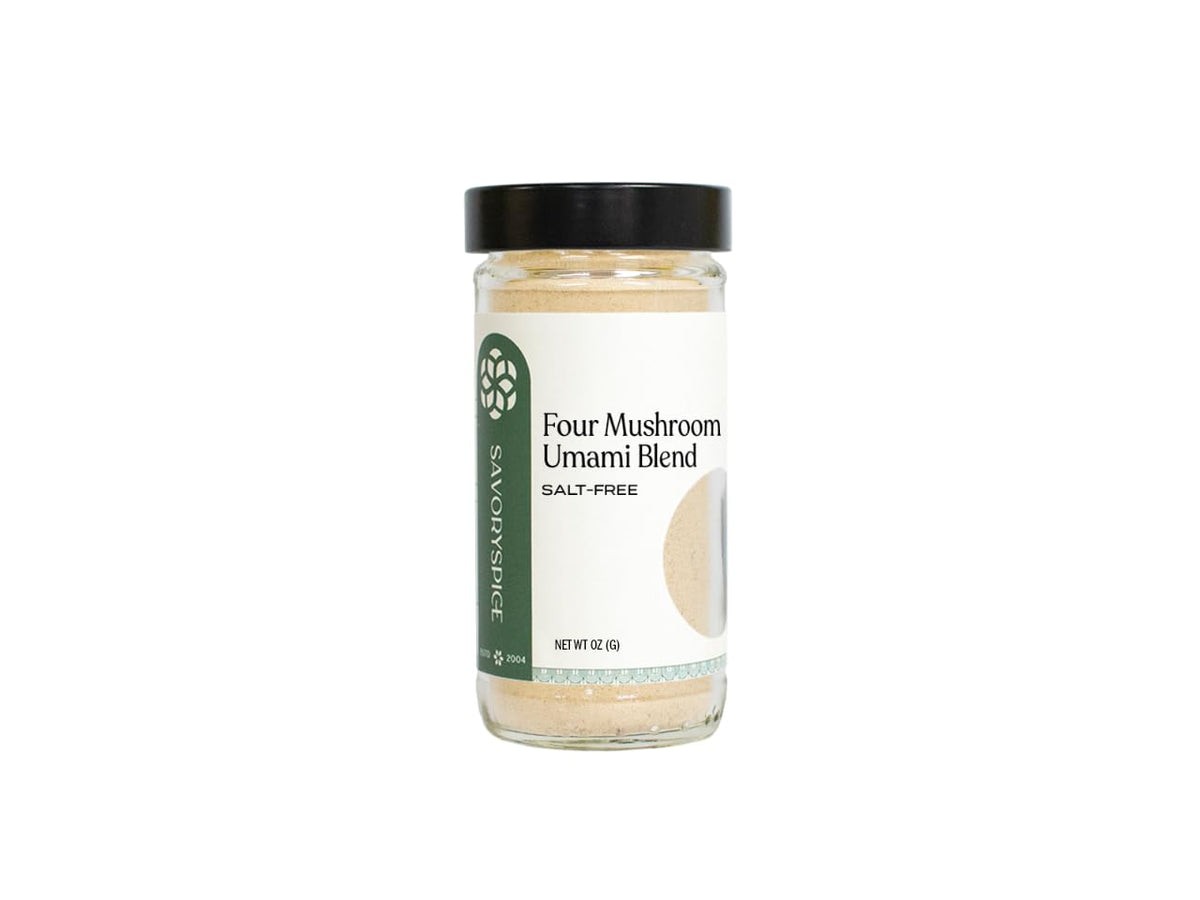 Savory Spice Four Mushroom Umami Blend jar close-up for salt-free flavor enhancement.