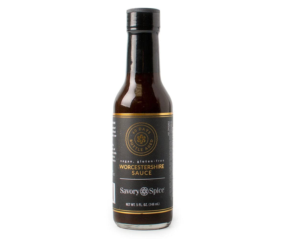 Savory Spice Vegan Worcestershire bottle pour, rich umami ready for marinades