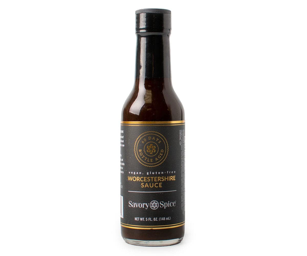 Savory Spice Vegan Worcestershire bottle pour, rich umami ready for marinades