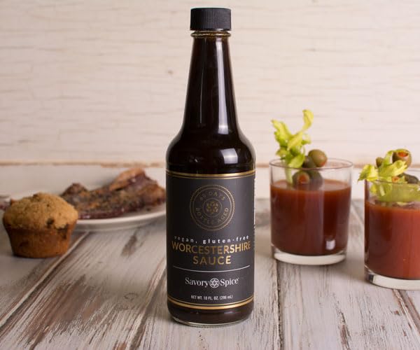Savory Spice Vegan Worcestershire glass bottle on kitchen shelf
