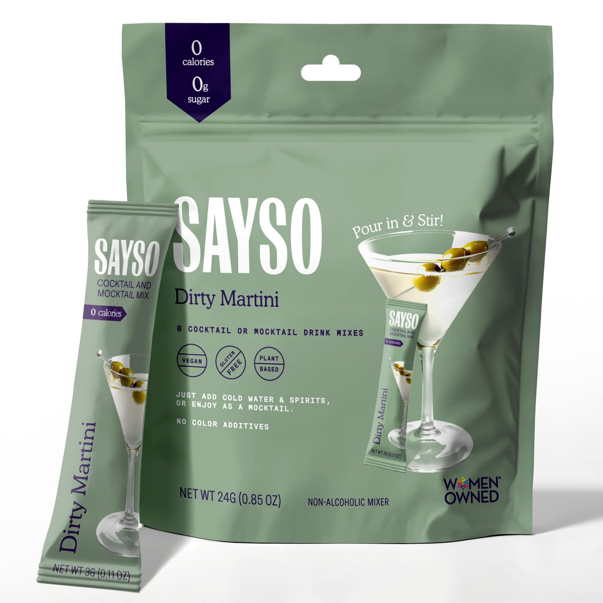 SAYSO Dirty Martini stick pour enables quick, single-serve cocktail prep.