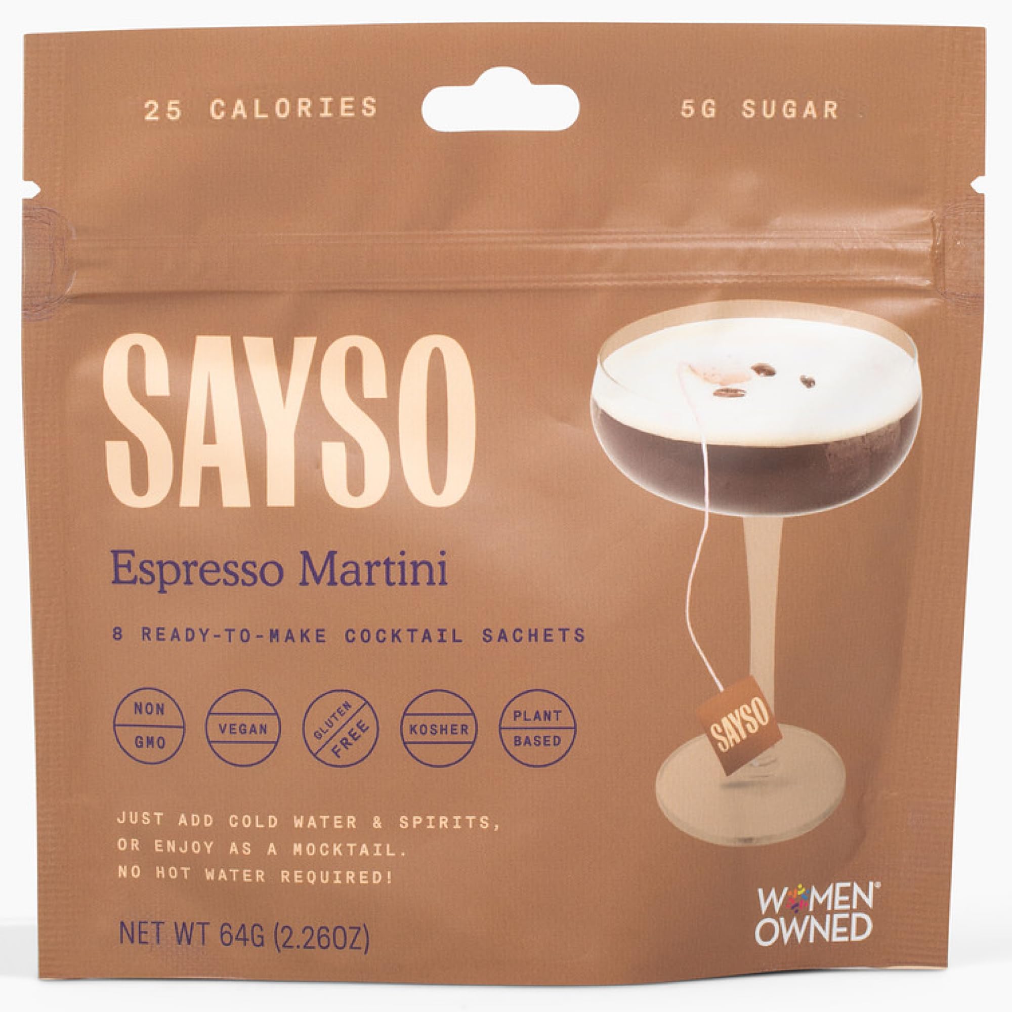 SaySO Espresso Martini tea bag ready for quick cold-water infusion.