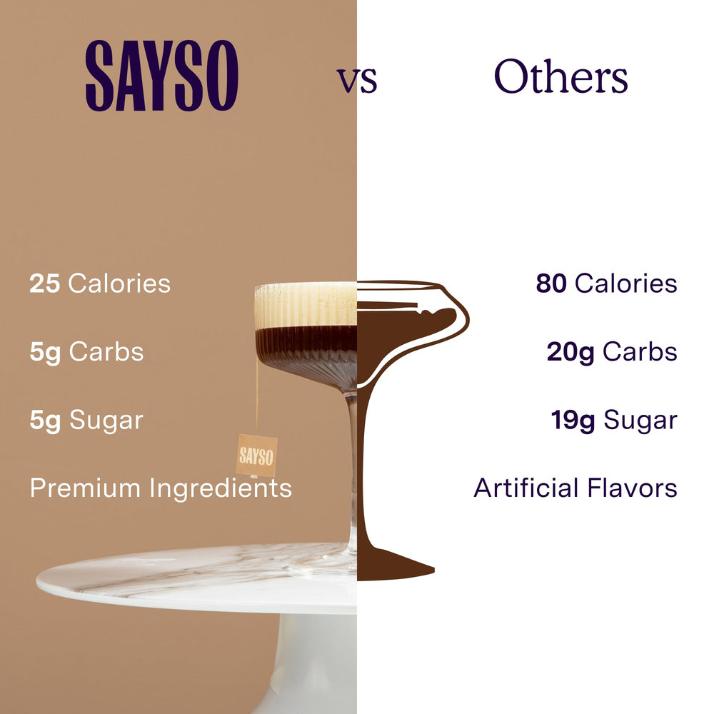 SaySO nutrition label highlighting 25 calories and 5g sugar.