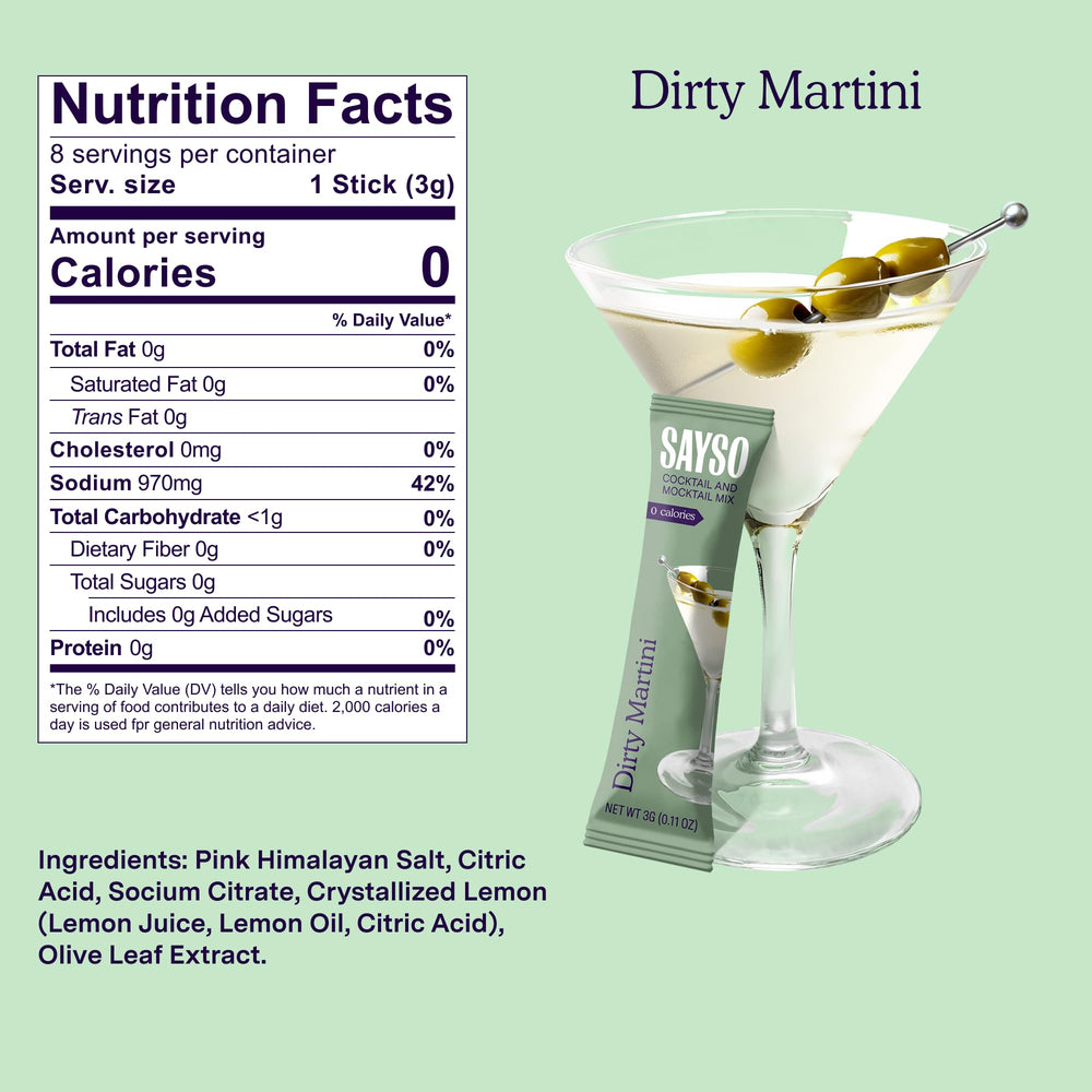 SAYSO single-serve mixer pack ready to blend with water and spirits.