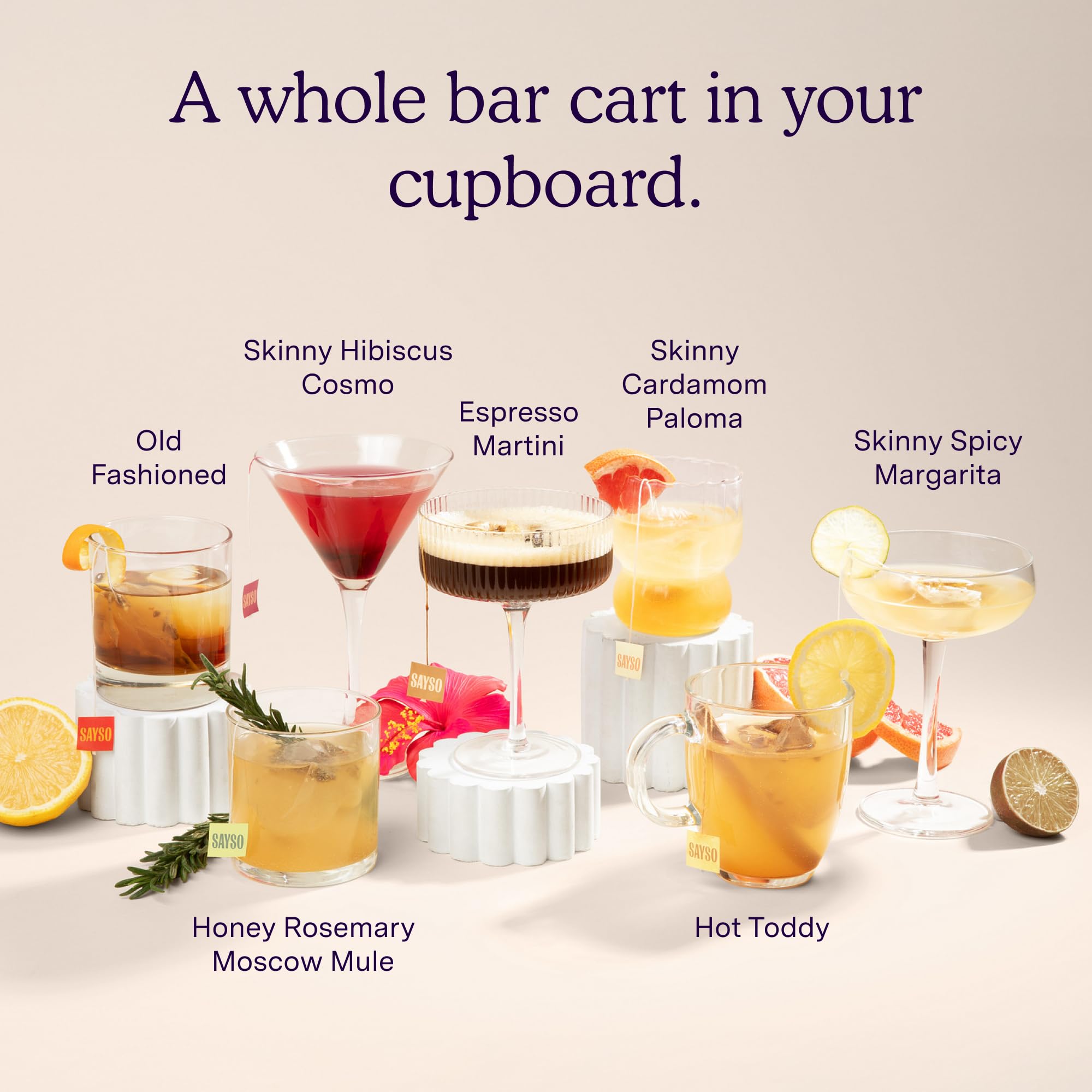 SaySO Skinny Margarita kitchen-counter setup suggesting easy mocktail or cocktail mixing.