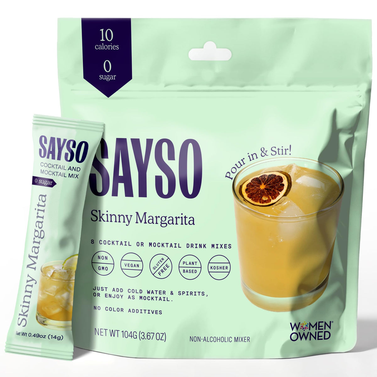 SaySO Skinny Margarita Stick box front, showcasing all-natural ingredients for quick craft cocktails.