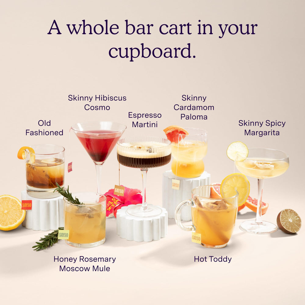 SAYSO Skinny Spicy Margarita on a kitchen counter with bar tools.