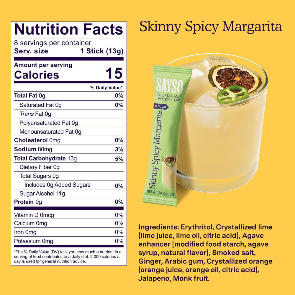 SAYSO Skinny Spicy Margarita stick label highlights all-natural ingredients.