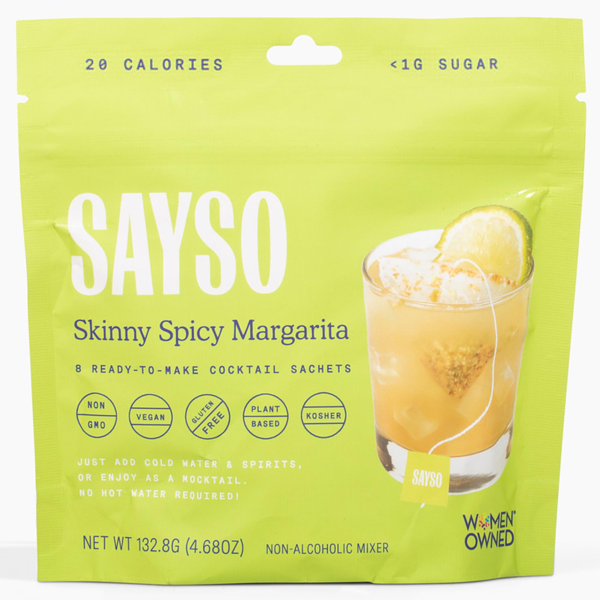 SAYSO Skinny Spicy Margarita tea bag close-up ingredients for bold flavor.