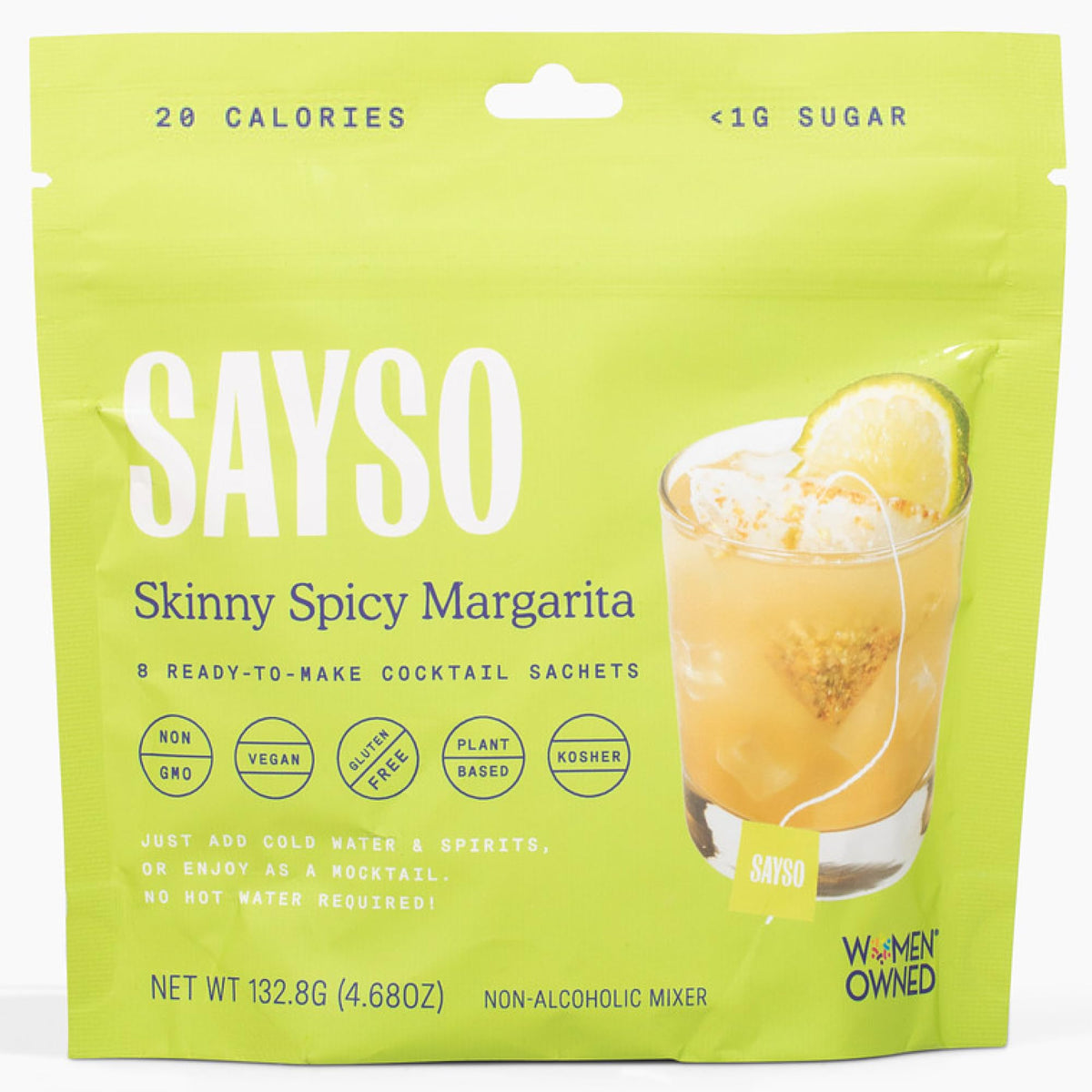 SAYSO Skinny Spicy Margarita tea bag close-up ingredients for bold flavor.