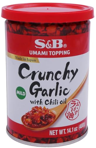 S&B Chili Oil with Crunchy Garlic pour highlights a glossy finish and mild heat.