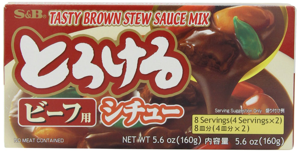 S&B Tasty Beef Stew Sauce Mix being poured enhances creamy sauce.