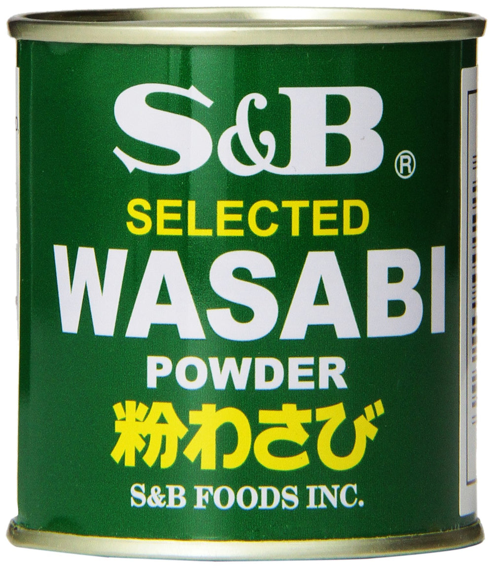 S&B Wasabi Powder can closeup highlights natural color from horseradish and Wasabia Japonica.