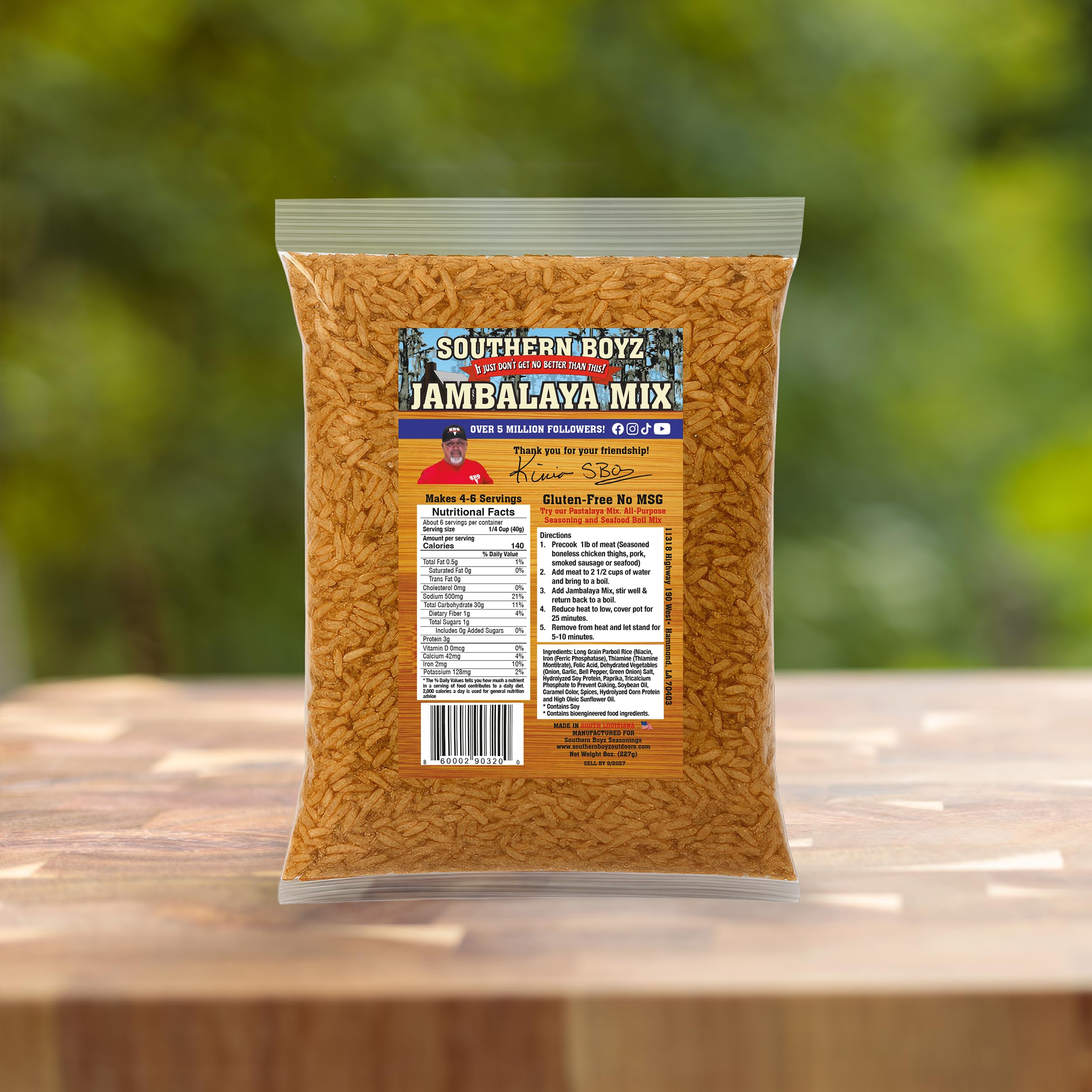 SBO Jambalaya serving size four to six illustrated on pack.