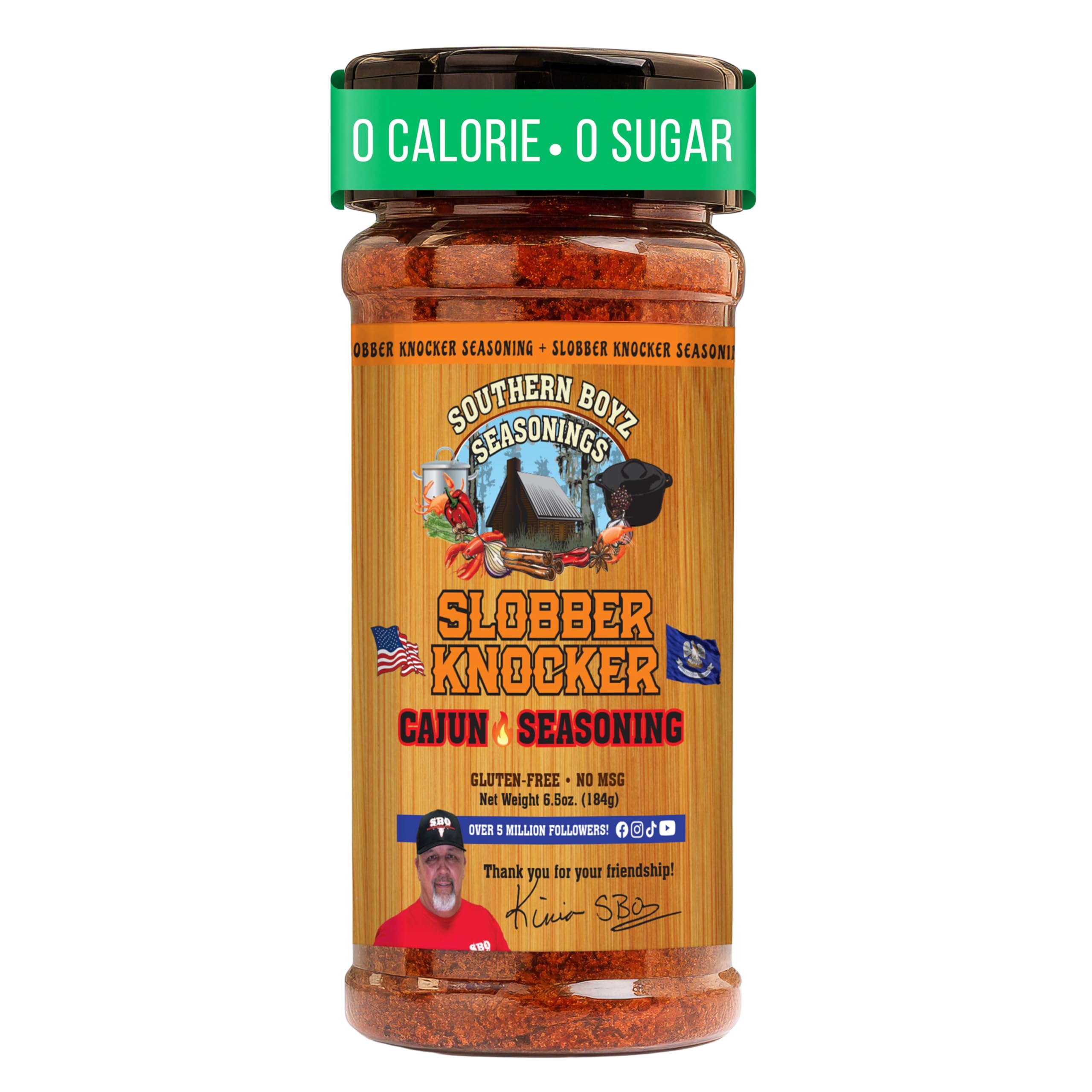 SBO Slobber Knocker bottle pouring with bold Cajun heat for grilled meats.