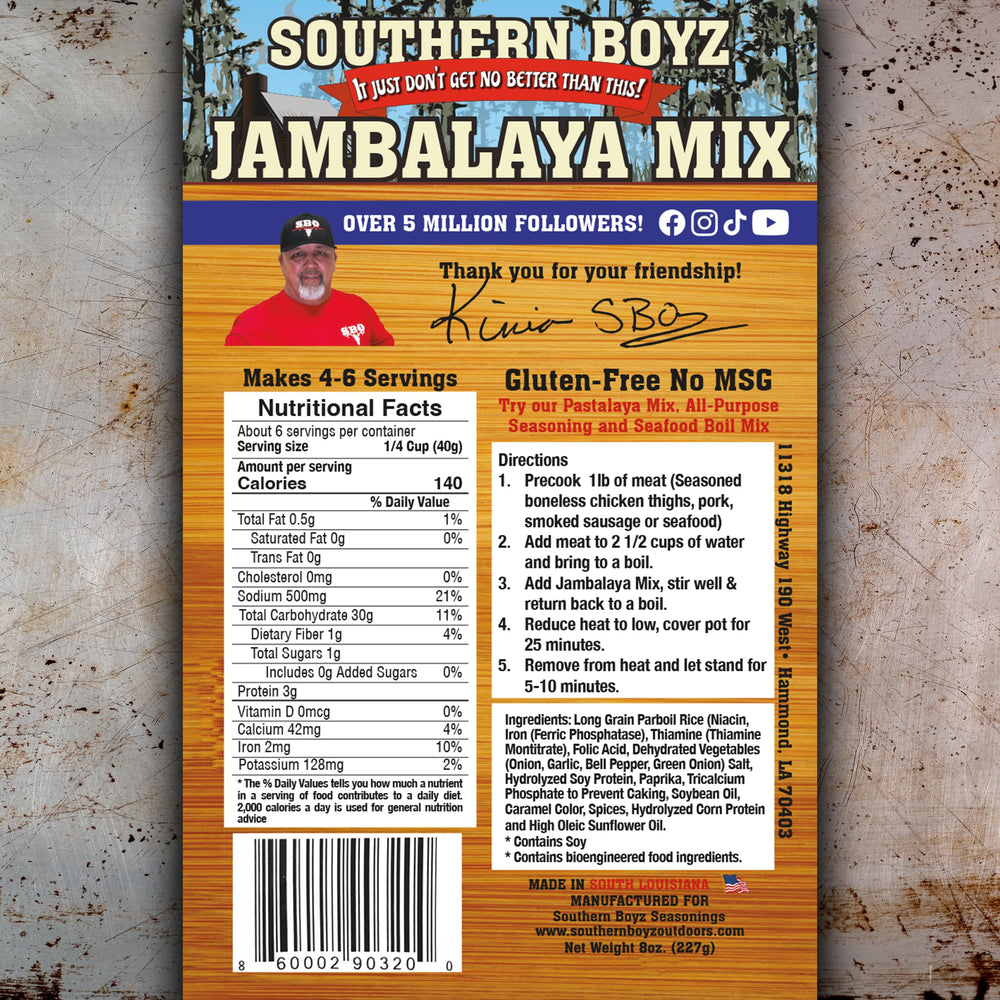 SBO Jambalaya mix ingredient blend with rice and spices.