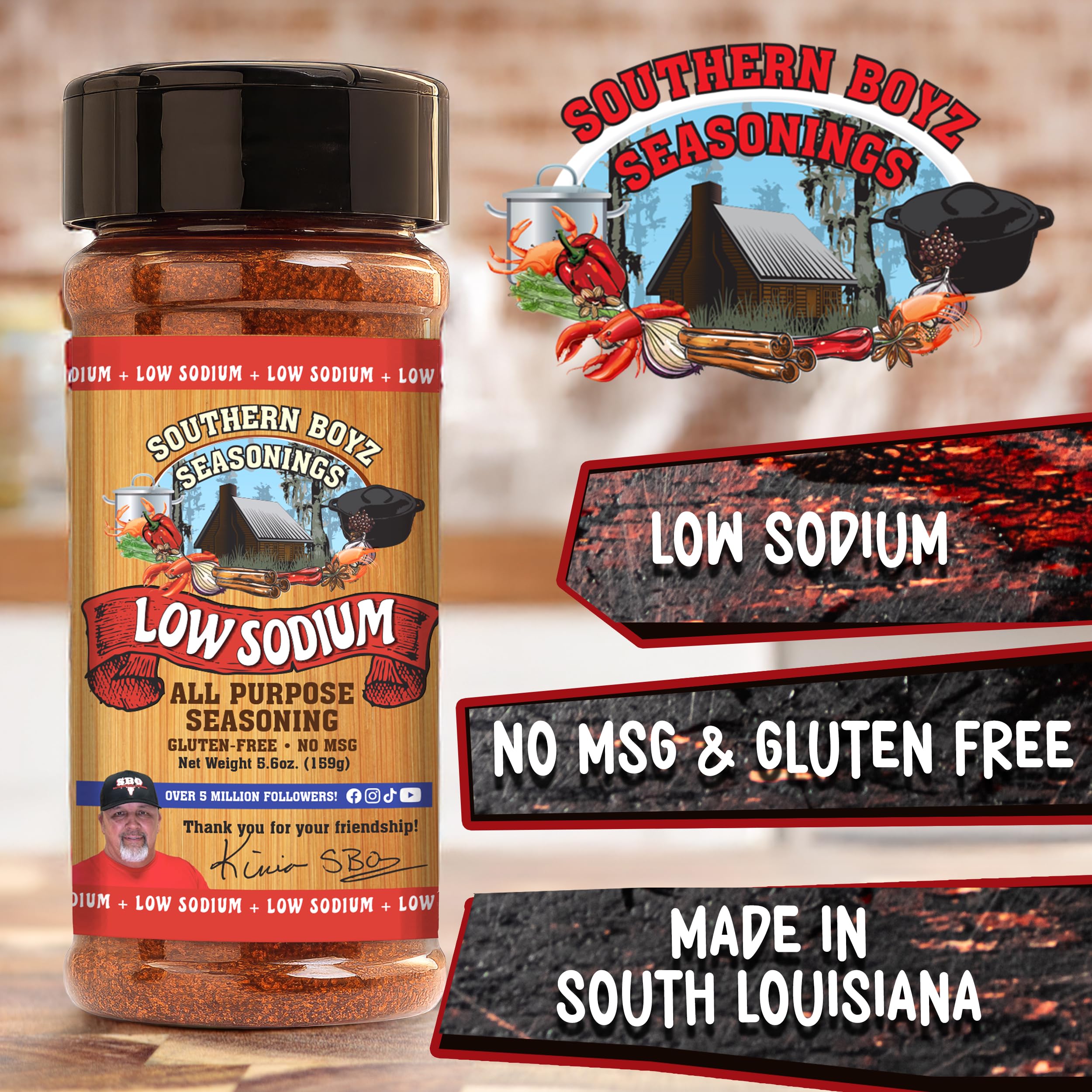 SBO Low Sodium Cajun Seasoning label highlighting no MSG and gluten-free blend
