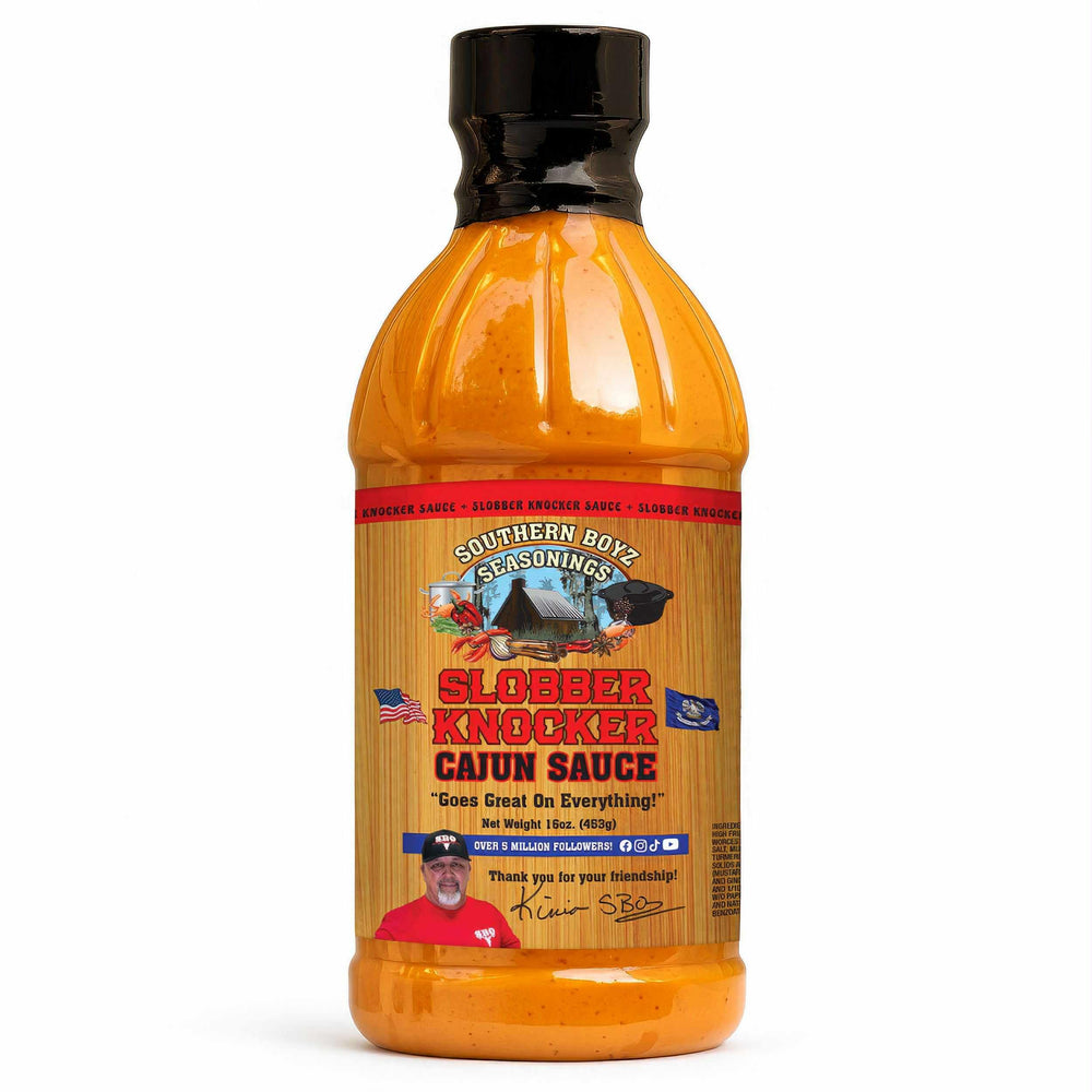 SBO Slobber Knocker Cajun sauce bottle pour enhances bold grilling flavor.
