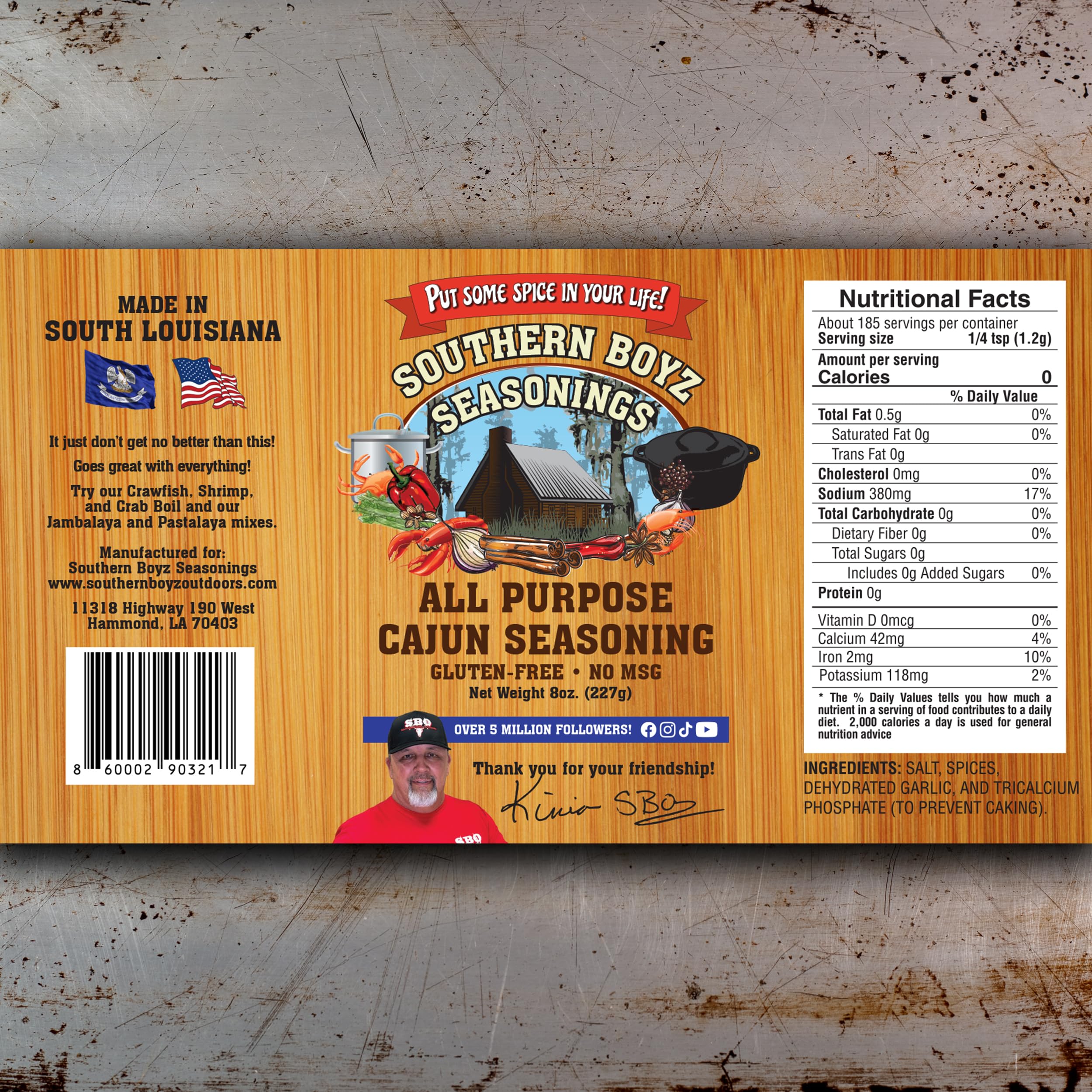 SBO label closeup highlighting gluten-free and no MSG Cajun blend