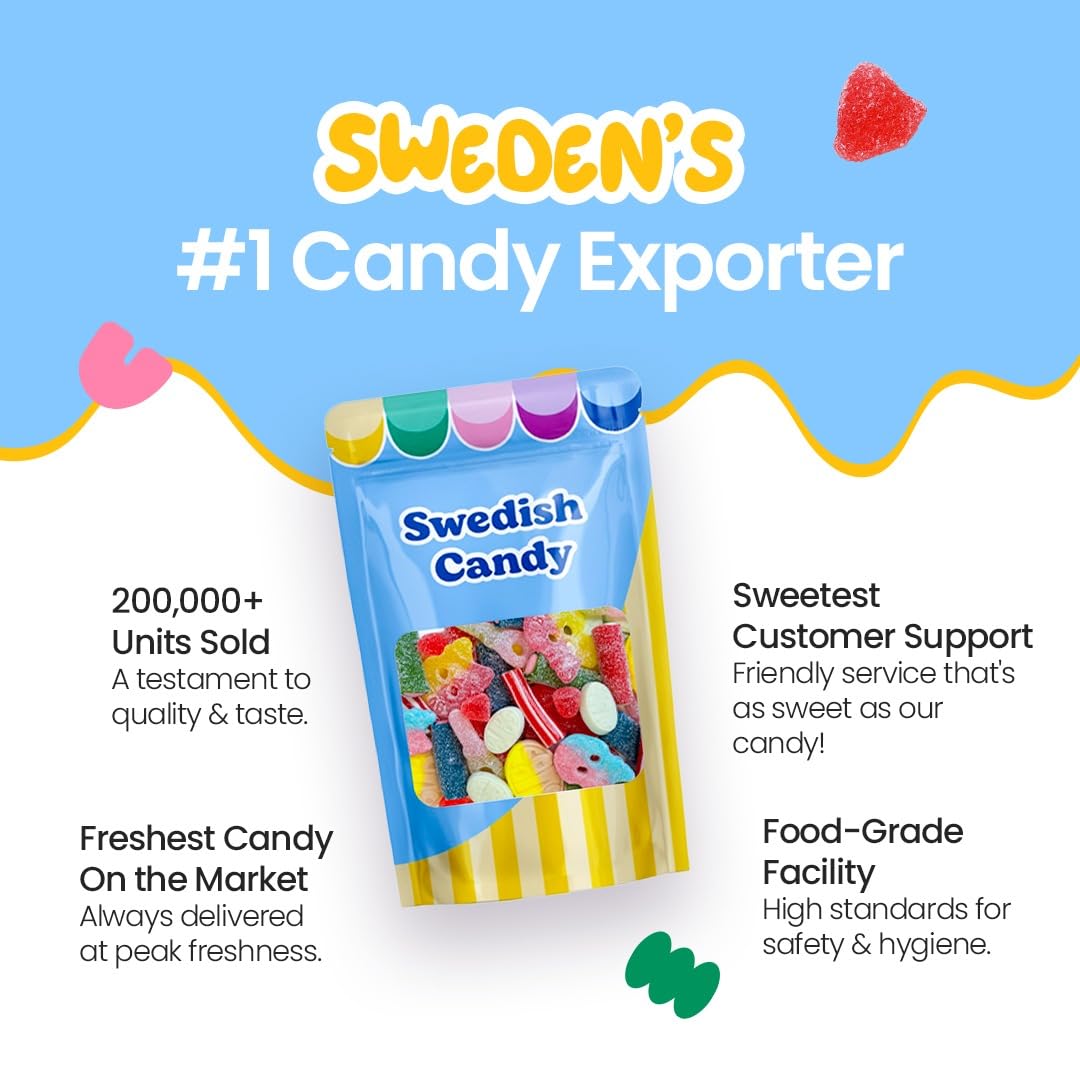 Chewy Swedish gummies with a glossy finish and fruity flavors